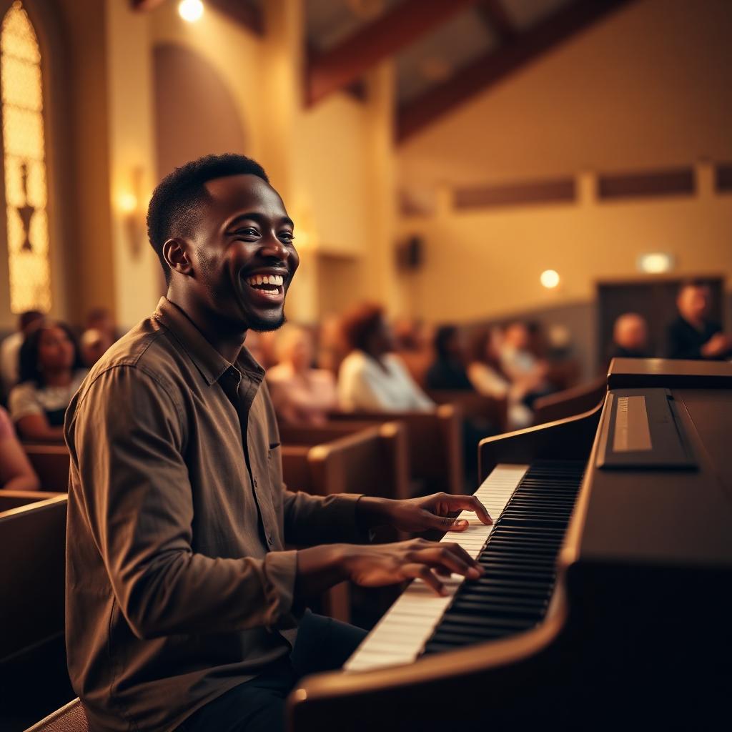Benjamin playing keyboard in church, warm stage lighting