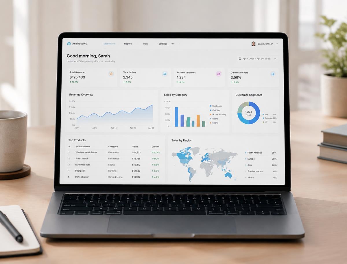 Ancient Data analytics dashboard with charts, tables and a world map, shown on a laptop